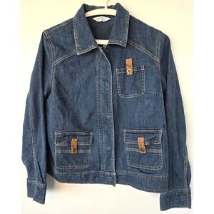 Koret City Blue Denim Jean Jacket Trucker Blue Cargo Leather Women Petite Sz M